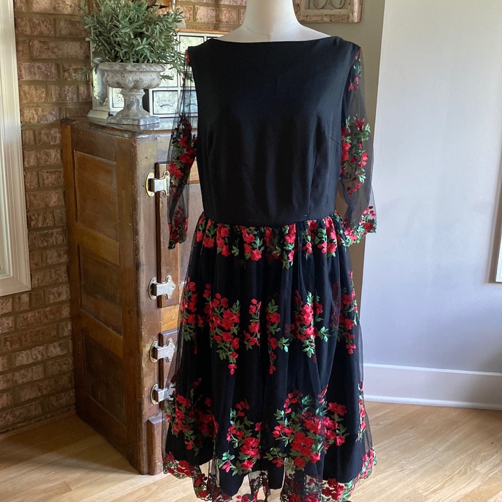 Magnolia Place Black Mesh & Red Embroidered Florals Sleeved Audrey Swing Dress